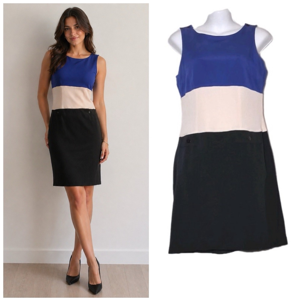Design by Pat Argenti 100% Silk Shift Dress Size 8P Black Blue Cream Colorblock